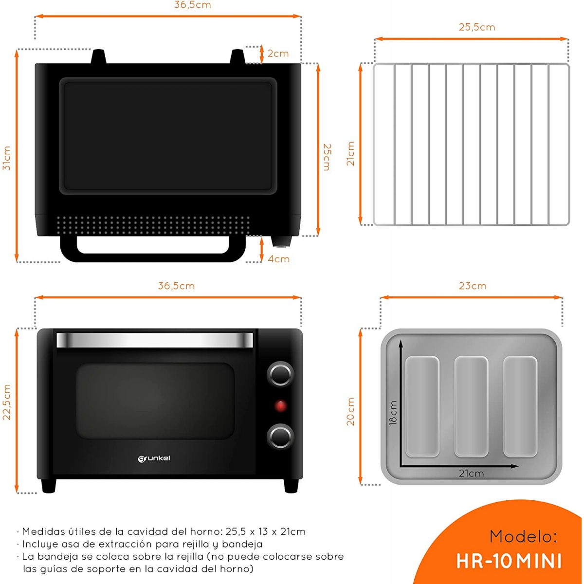 Mini horno eléctrico de sobremesa HR-10MINI de 10 litros y 800W