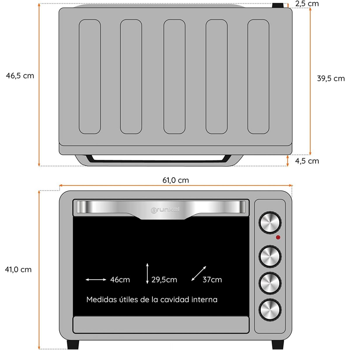 Grunkel - Horno eléctrico multifunción de sobremesa de 23L - HR-23SILVER -  Con 3 funciones de calor y selector de temperatura hasta 230ºC.  Temporizador hasta 60 min - 1600W gris plata : : Hogar y cocina