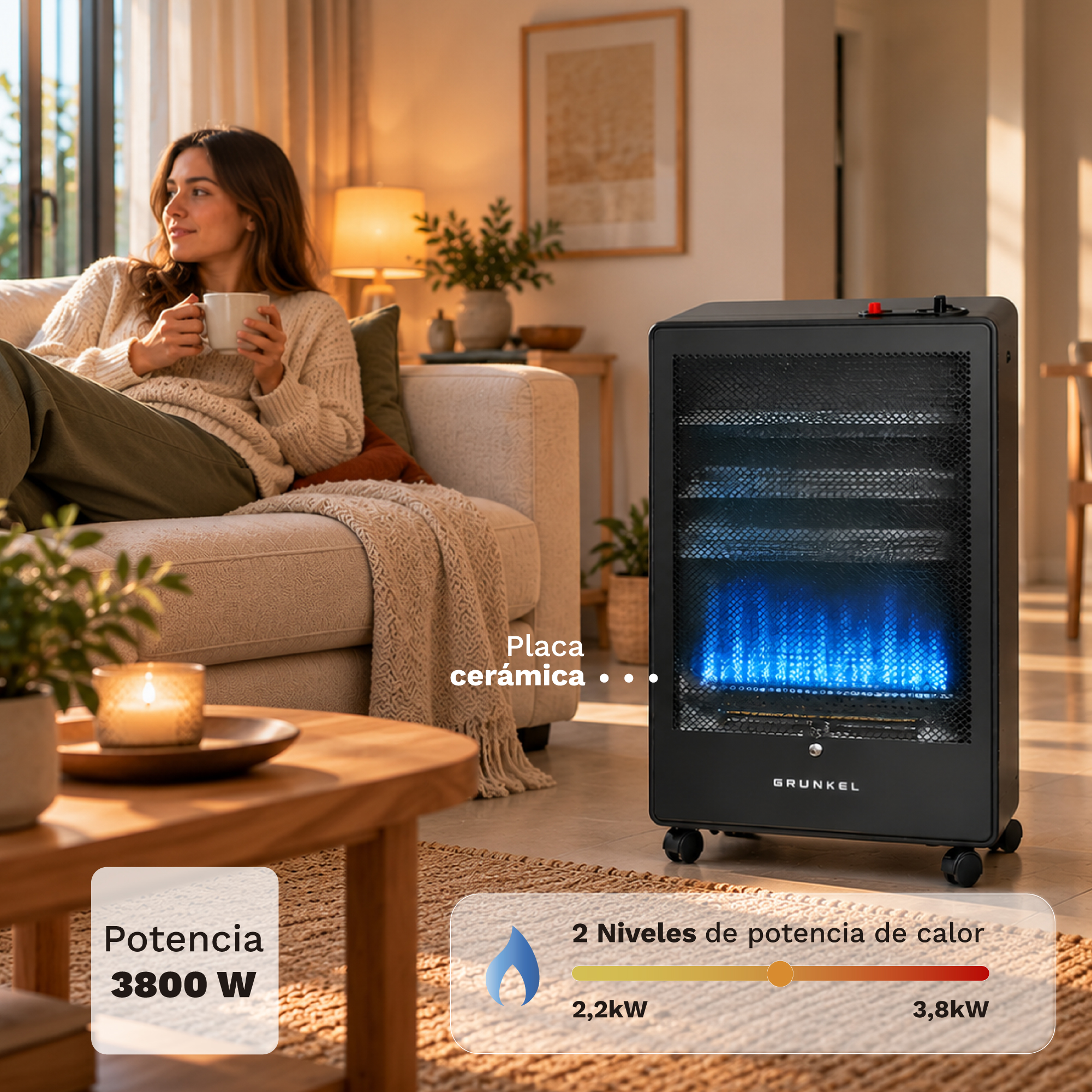 GRUNKEL - Estufa de Gas CT-BLUEFLAME 3800W | Llama Azul, 2 Potencias y Sistema ODS - Imagen 5