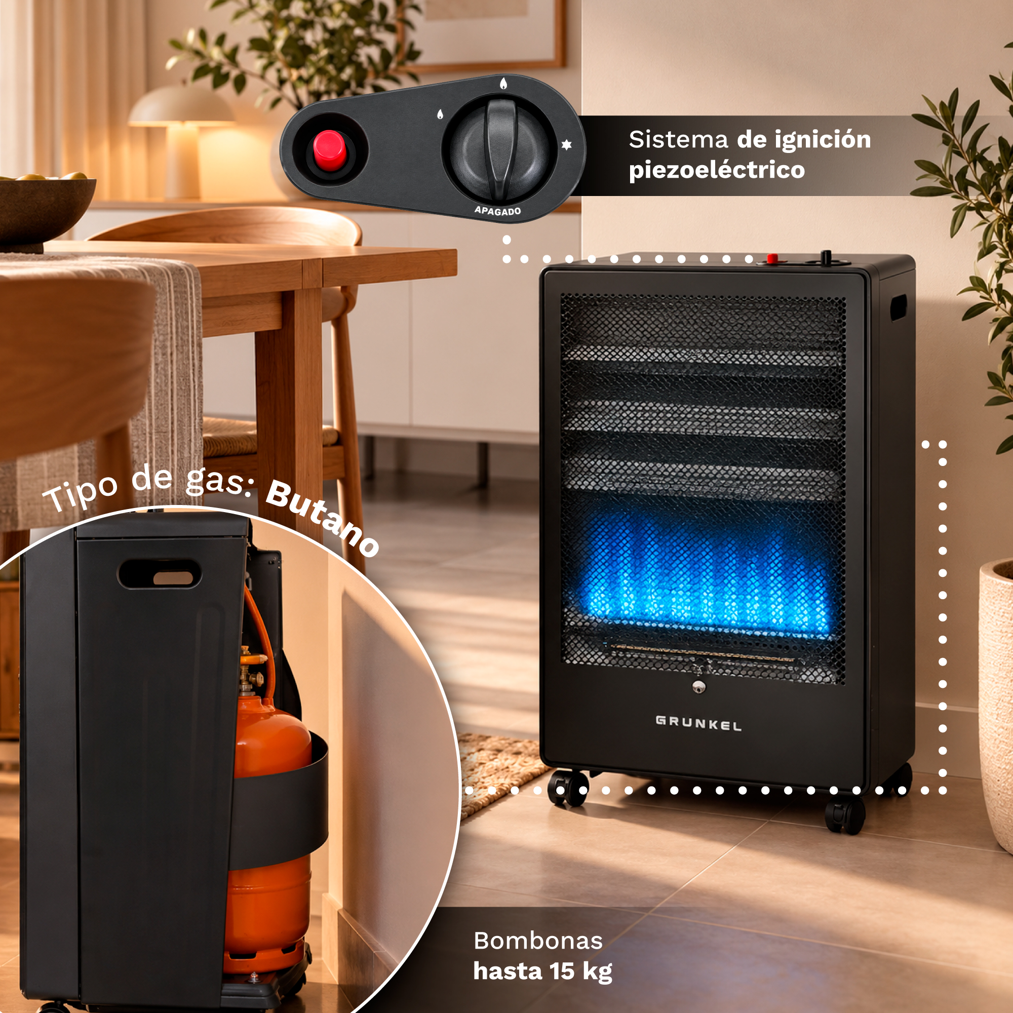 GRUNKEL - Estufa de Gas CT-BLUEFLAME 3800W | Llama Azul, 2 Potencias y Sistema ODS - Imagen 7