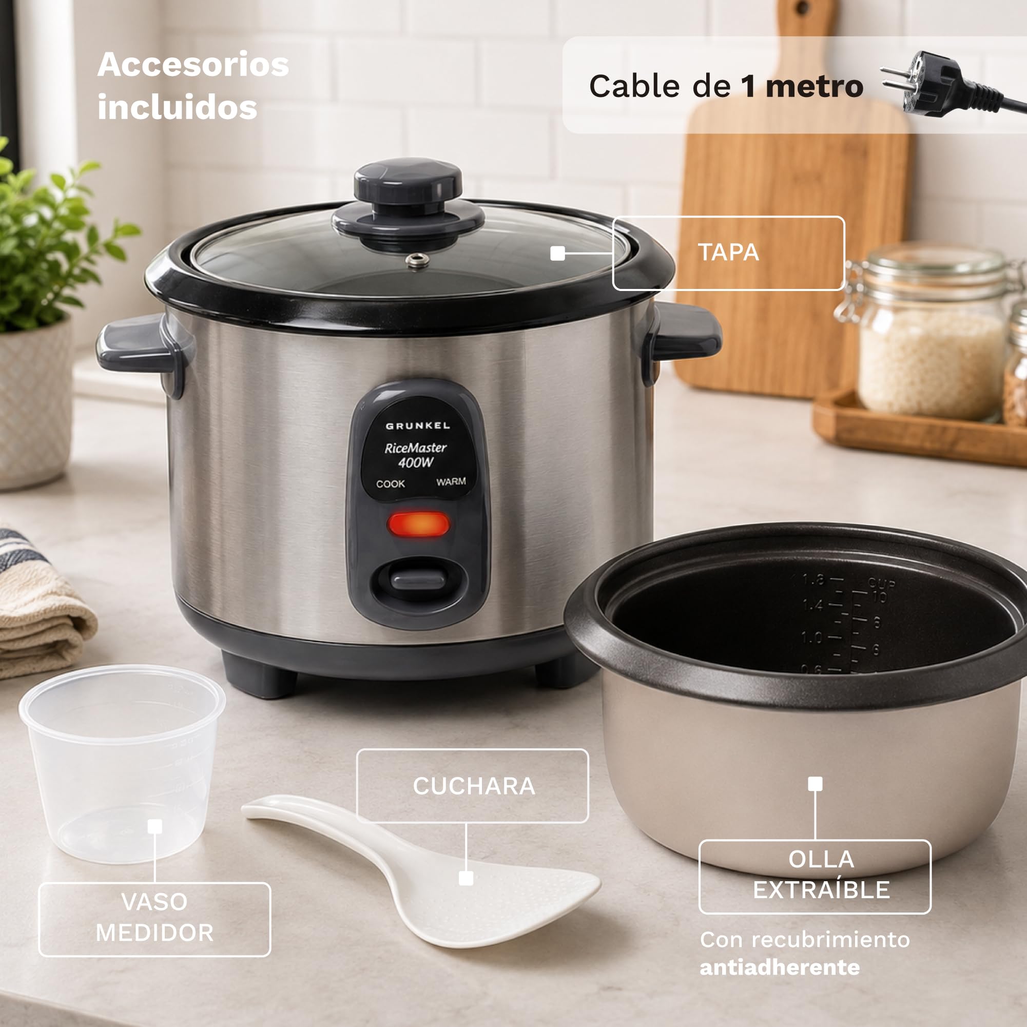 GRUNKEL Arrocera RC-1L – 1L de capacidad – 400W – Acero inoxidable - imagen 6