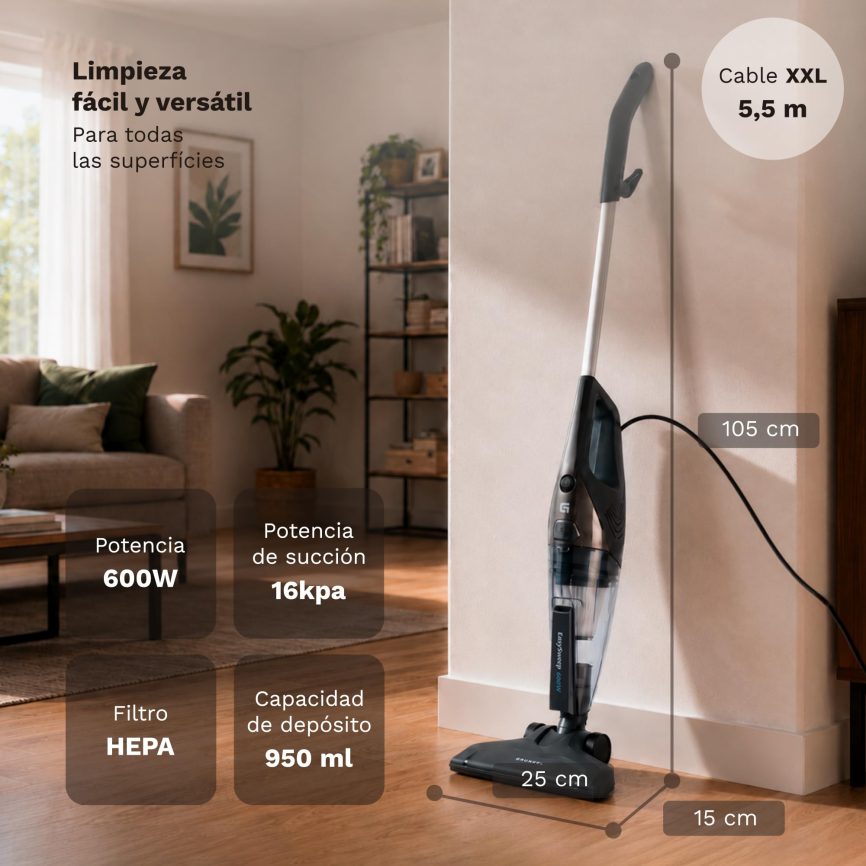 GRUNKEL Aspiradora ASP-EASY – 600W y 16kpa – Filtro HEPA Lavable y Cable de 5,5m - imagen 2