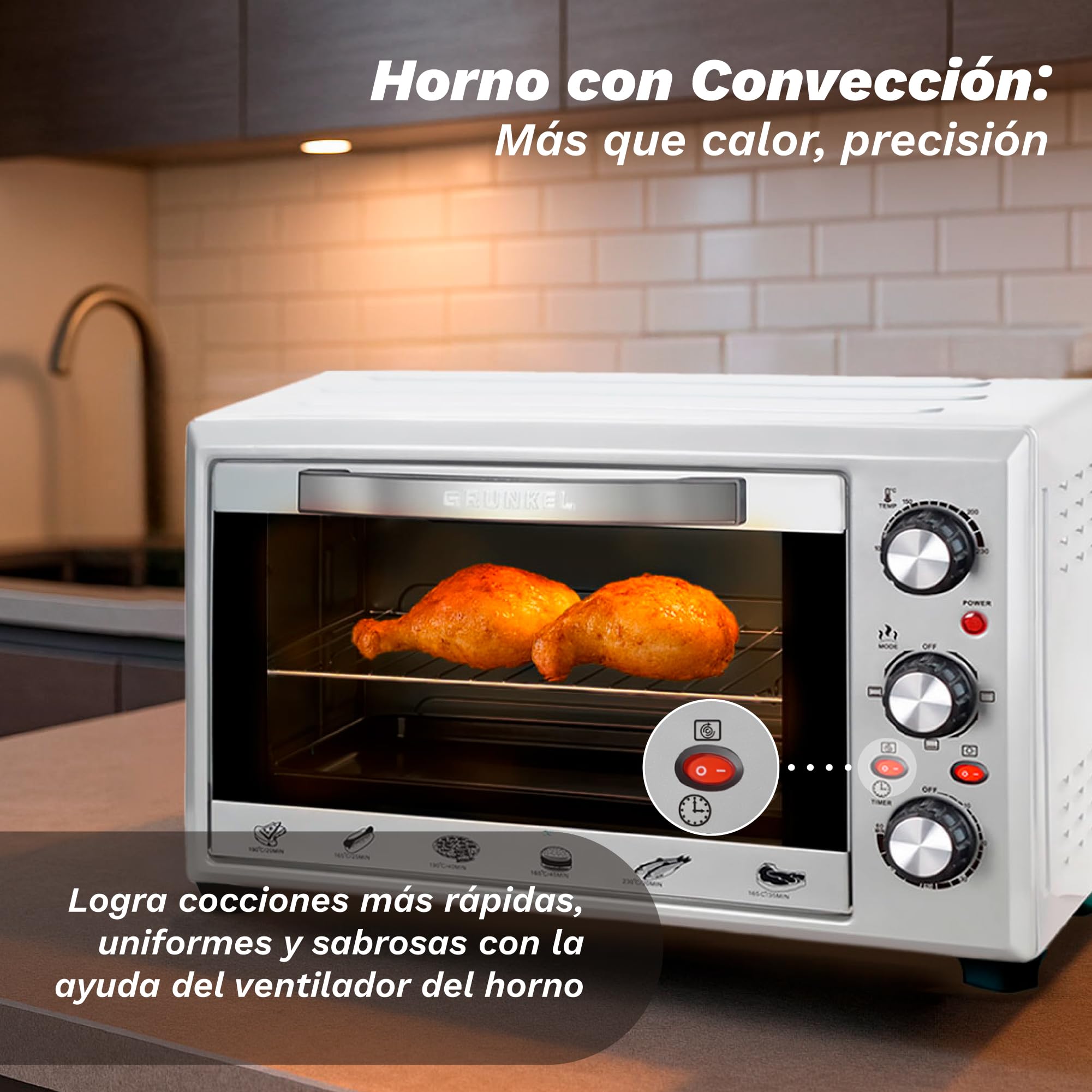 GRUNKEL Horno eléctrico multifunción de sobremesa de 28L – HR-28SILVER – 1600W – Gris - imagen 9