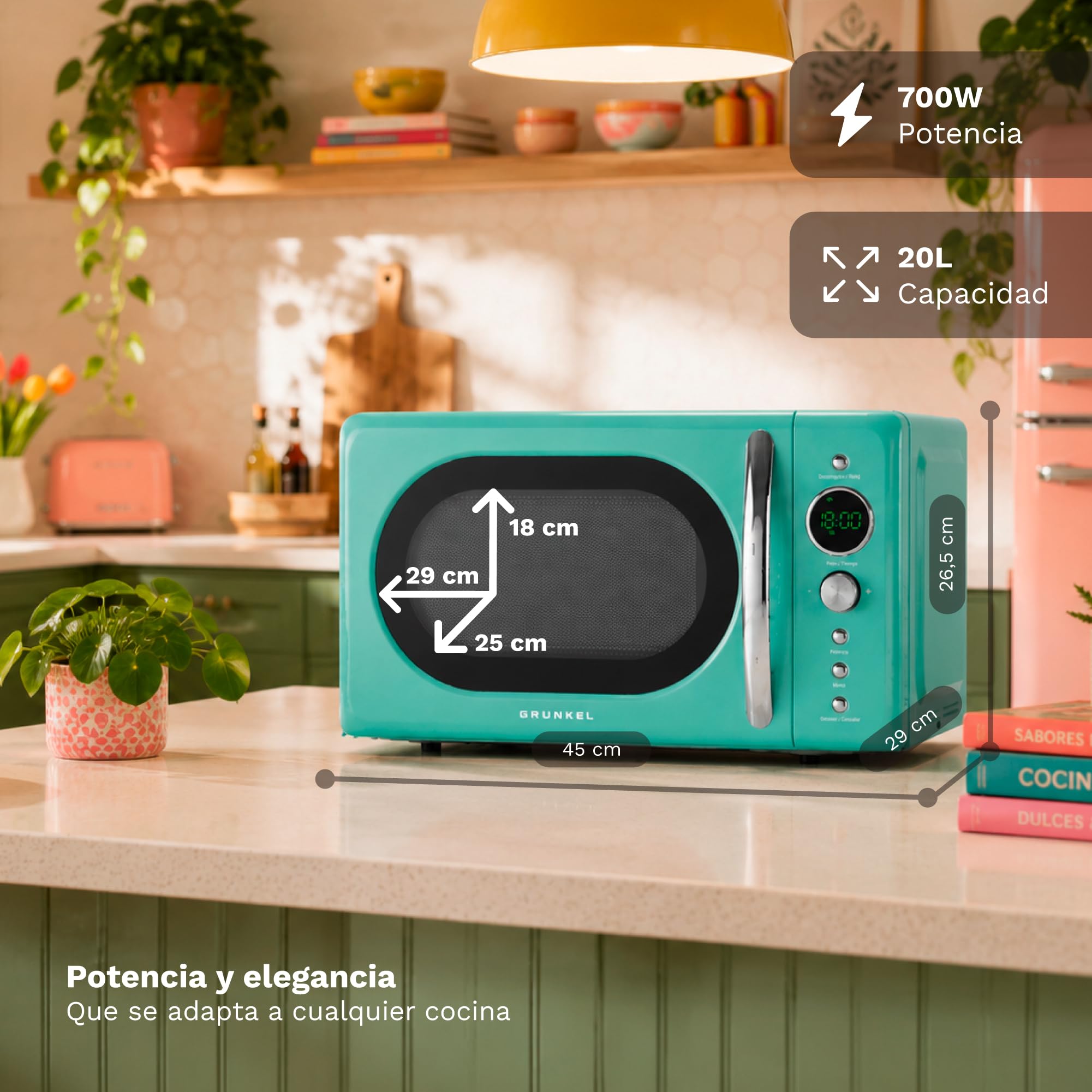 GRUNKEL Microondas digital vintage MW-DGV – 20L de capacidad – 700W – Verde agua - imagen 4