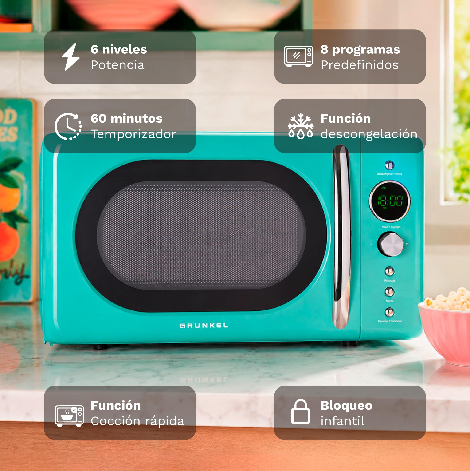 GRUNKEL Microondas digital vintage MW-DGV – 20L de capacidad – 700W – Verde agua - imagen 5