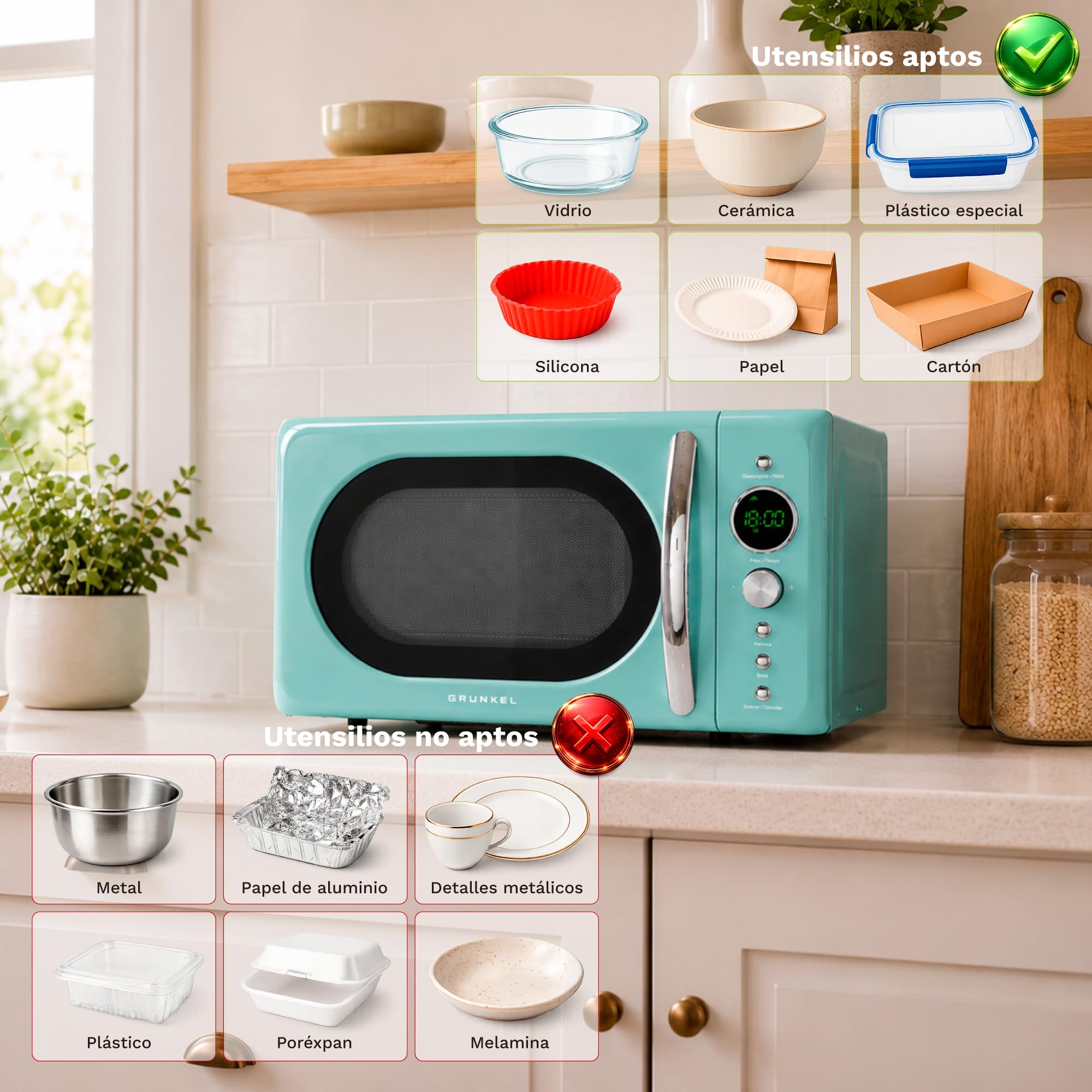 GRUNKEL Microondas digital vintage MW-DGV – 20L de capacidad – 700W – Verde agua - imagen 8