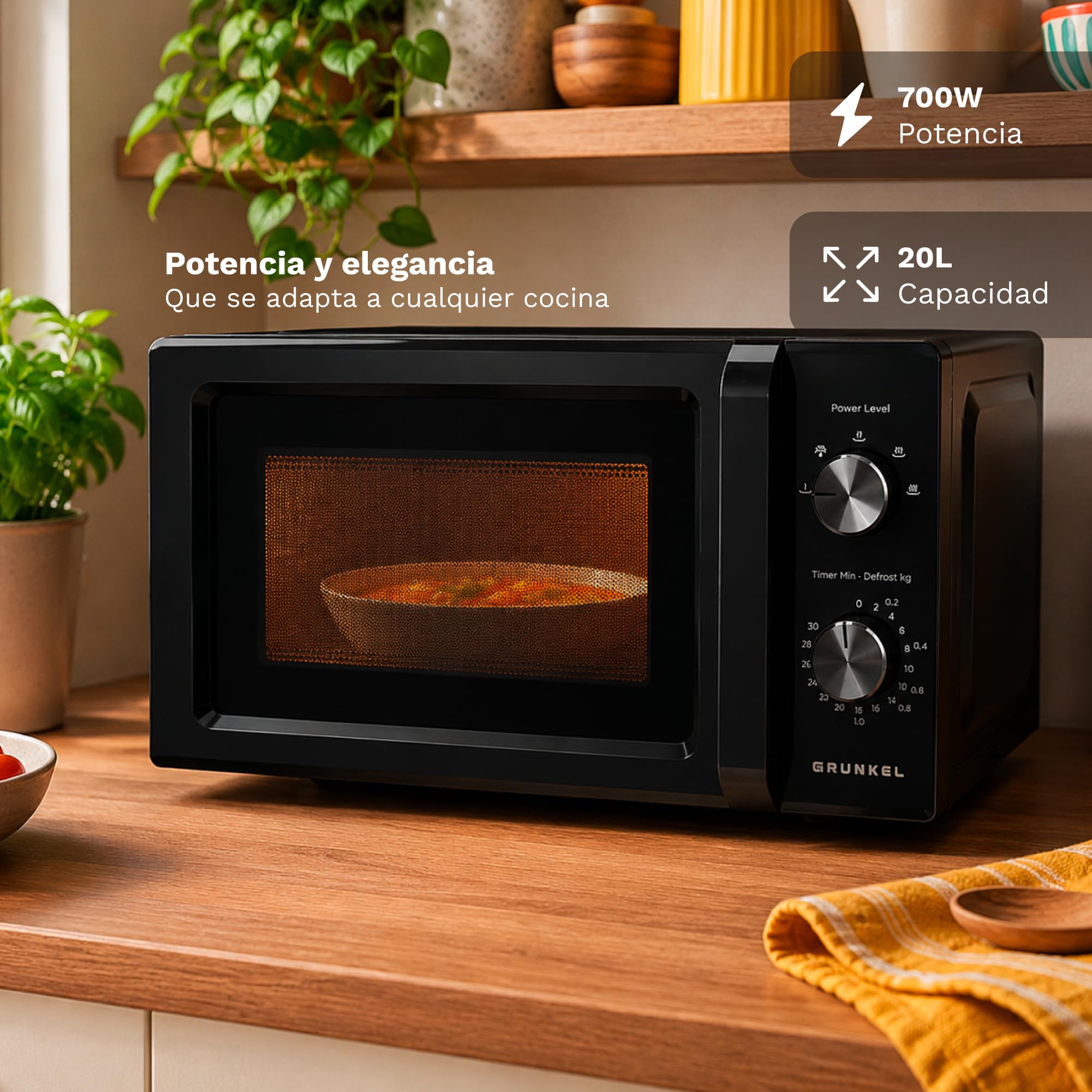 GRUNKEL Microondas sin grill MW-20MN de 20 litros de capacidad y 700W negro - imagen 4