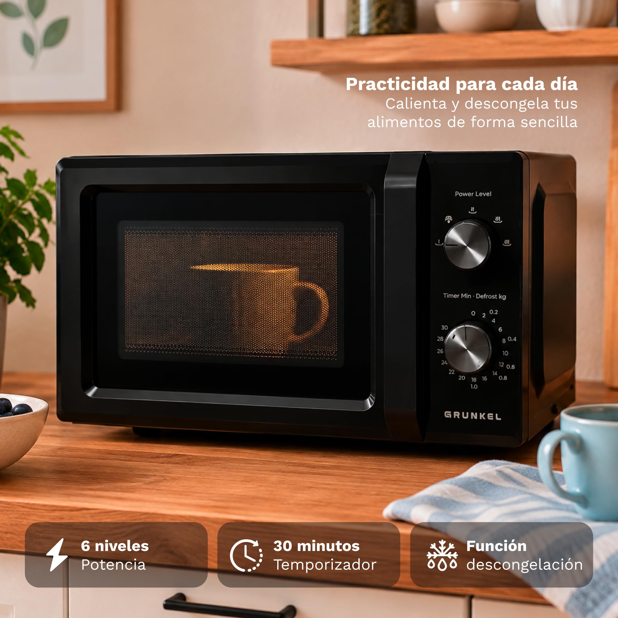 GRUNKEL Microondas sin grill MW-20MN de 20 litros de capacidad y 700W negro - imagen 5