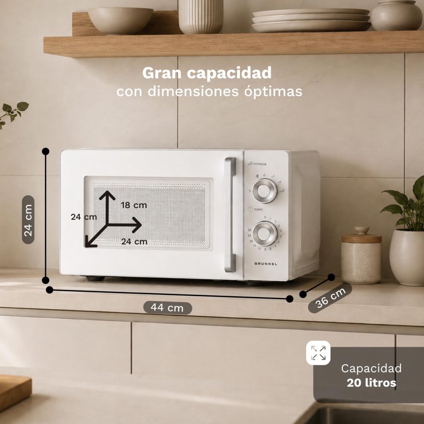 GRUNKEL Microondas sin grill MW-20MG – 20L de capacidad – 700W – Blanco - imagen 2