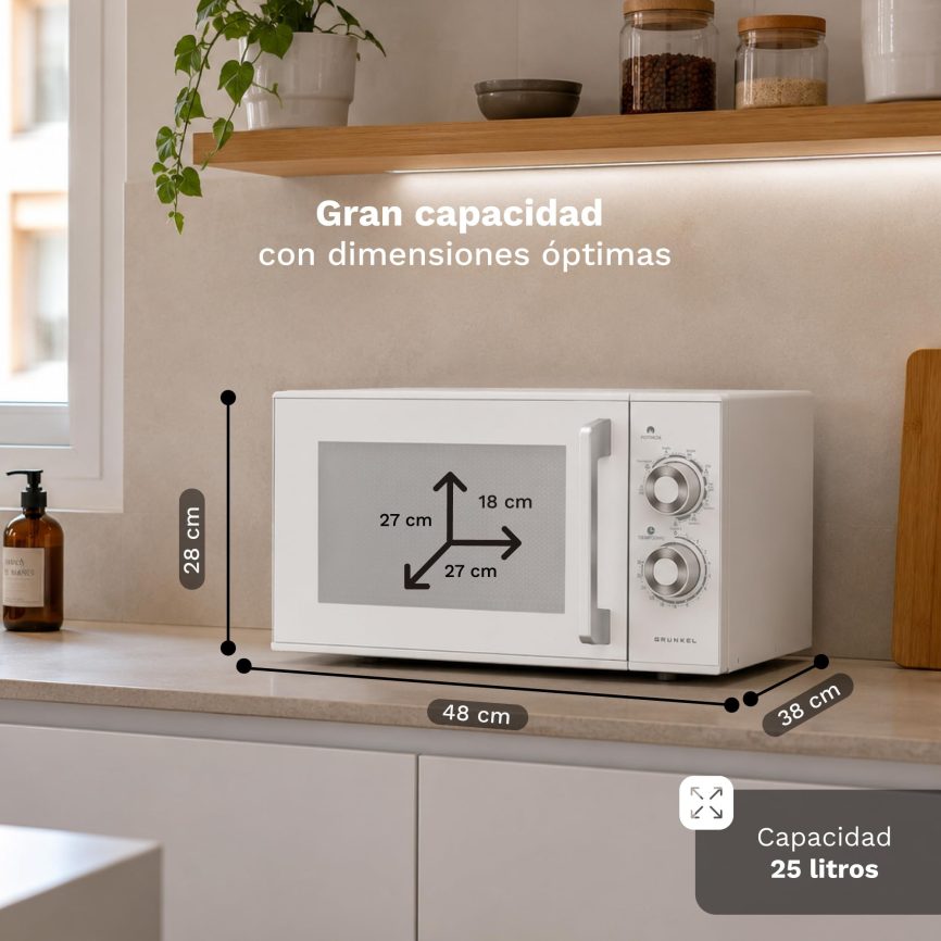GRUNKEL Microondas con grill MWG-25MG – 25L de capacidad – 900W – Blanco - imagen 2
