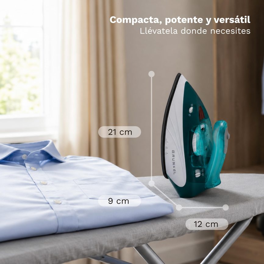 GRUNKEL Plancha de vapor de viaje PLV-900 – Suela con recubrimiento antiadherente – 900W – Azul - imagen 2
