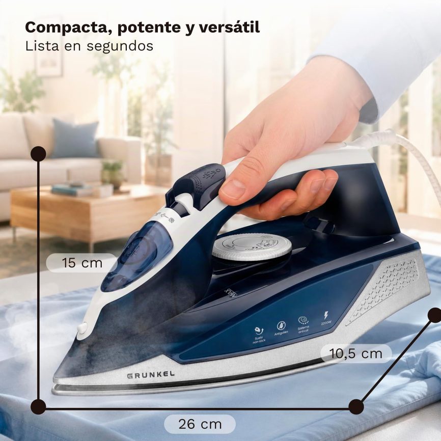 GRUNKEL Plancha de vapor PL-22NS – Suela con recubrimiento antiadherente – 2200W – Azul - imagen 2