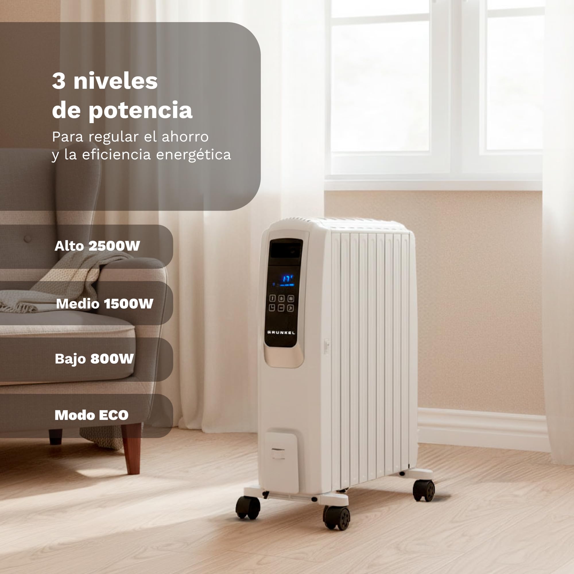 GRUNKEL Radiador digital de aceite RAC-10PIROSDIGITAL – Mando a distancia – 2500W – Blanco - imagen 6