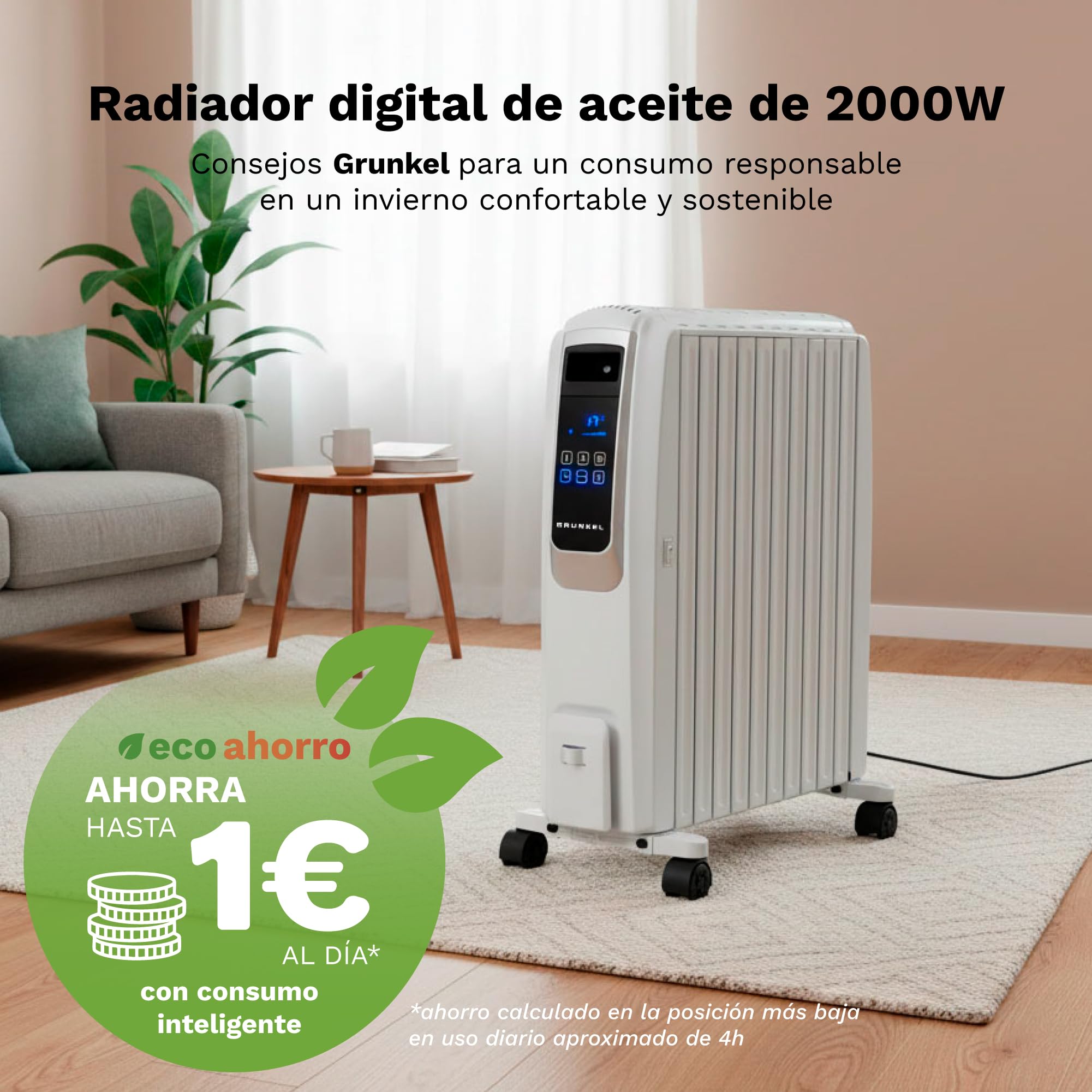 GRUNKEL Radiador digital de aceite RAC-8PIROSDIGITAL – Mando a distancia – 2000W – Blanco - imagen 3