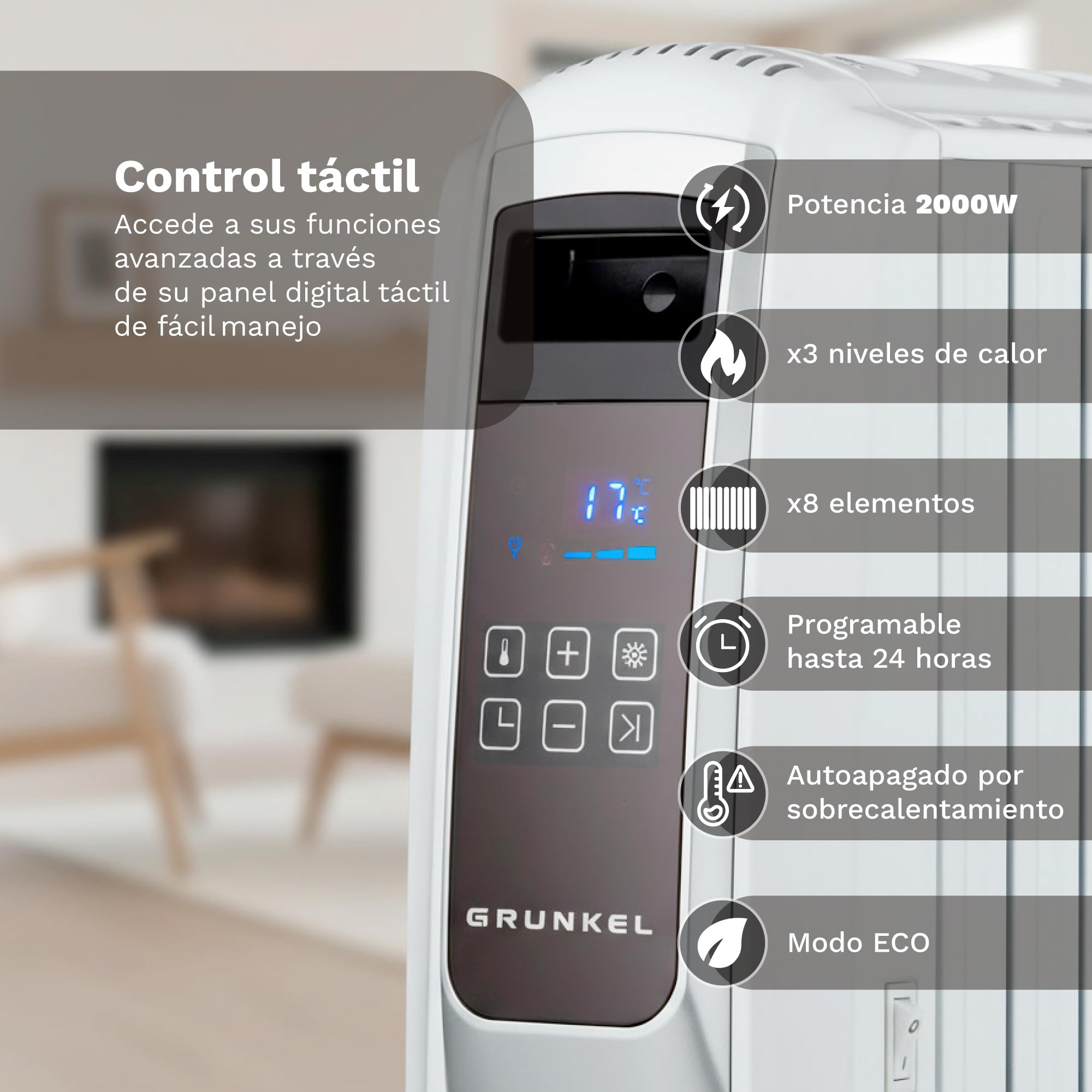 GRUNKEL Radiador digital de aceite RAC-8PIROSDIGITAL – Mando a distancia – 2000W – Blanco - imagen 6