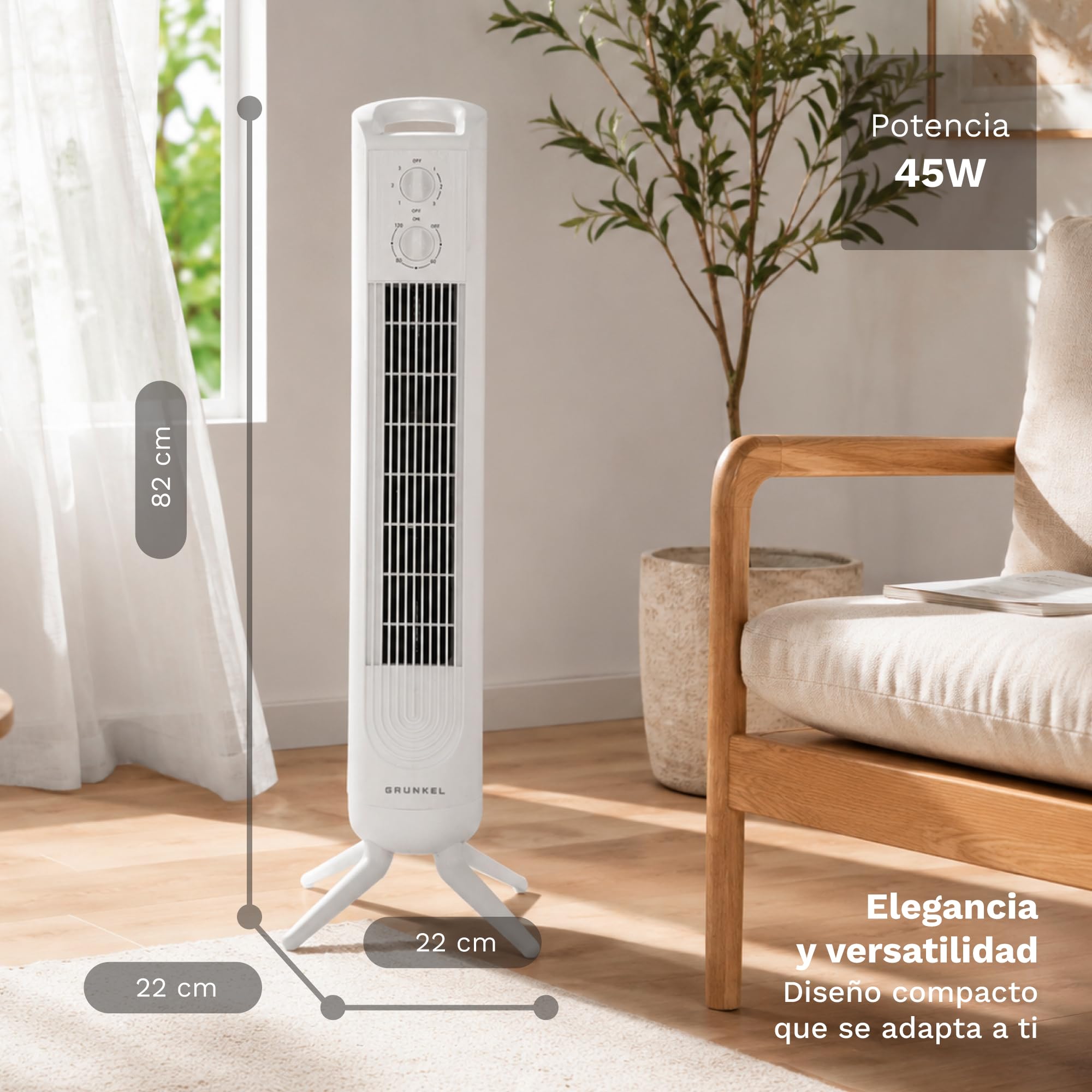 GRUNKEL Torre de ventilación de 81cm 3 velocidades TF-324LBL y 45W blanco - imagen 4