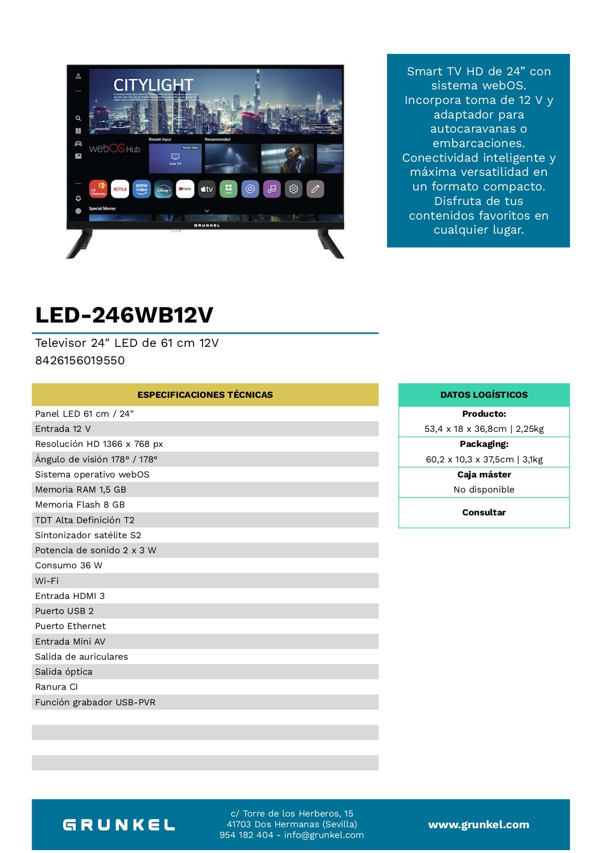 GRUNKEL Smart TV LED LED-246WB12V 24″ | HD, webOS y Entrada 12V - imagen 9