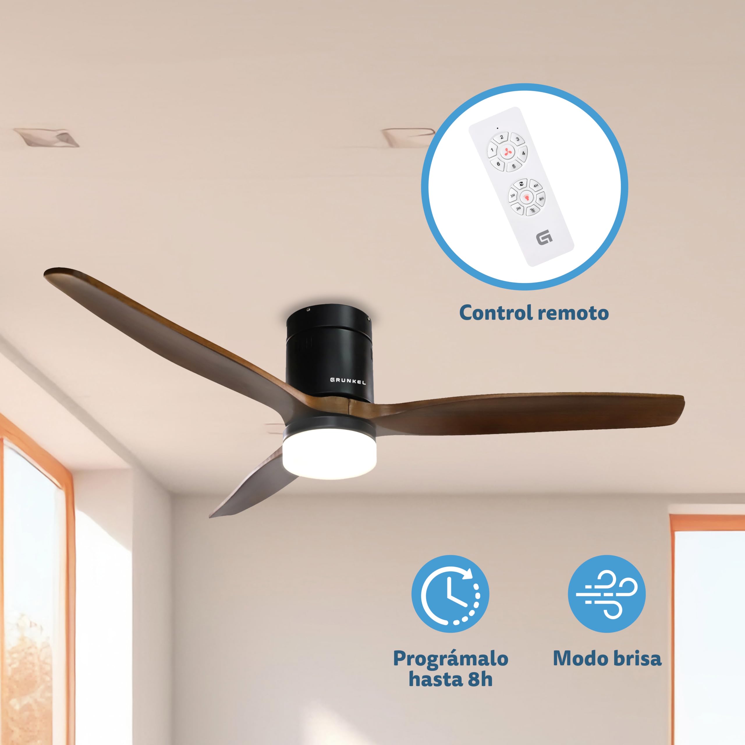 GRUNKEL Ventilador de techo con luz LED de 132cm ancho SKYWIND-52WN 52 Pulgadas 40W aspas de madera oscura - imagen 4