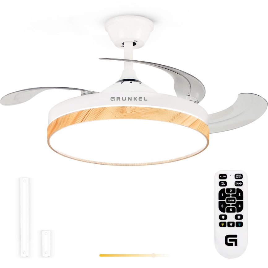 GRUNKEL Ventilador de techo SKYWIND-42W25 – 42 Pulgadas y aspas retráctiles – Luz LED – 20W – Blanco